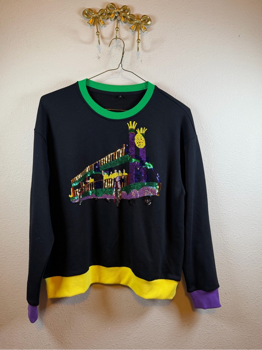 Unisex Black Sequin Mardi Gras Pullover Sweatshirt Green,Yellow, & Purple Trim M
